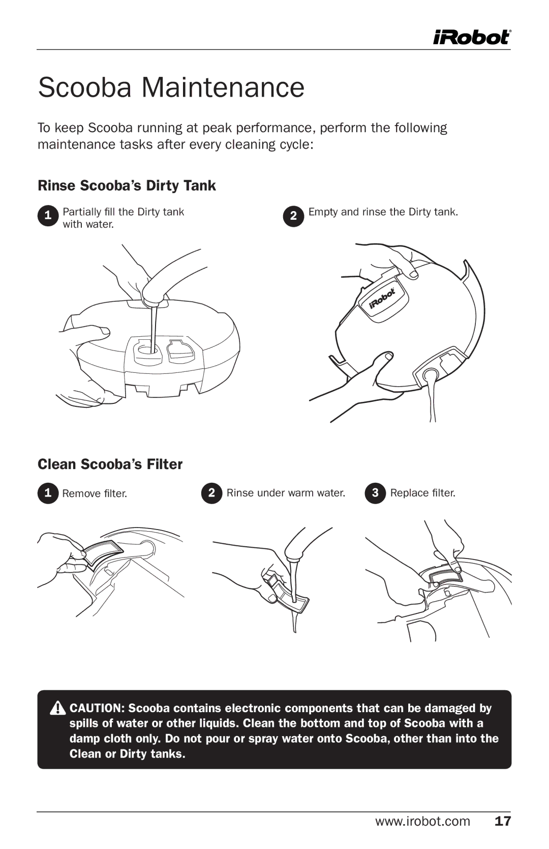 iRobot 5800 owner manual Scooba Maintenance, Rinse Scooba’s Dirty Tank, Clean Scooba’s Filter 