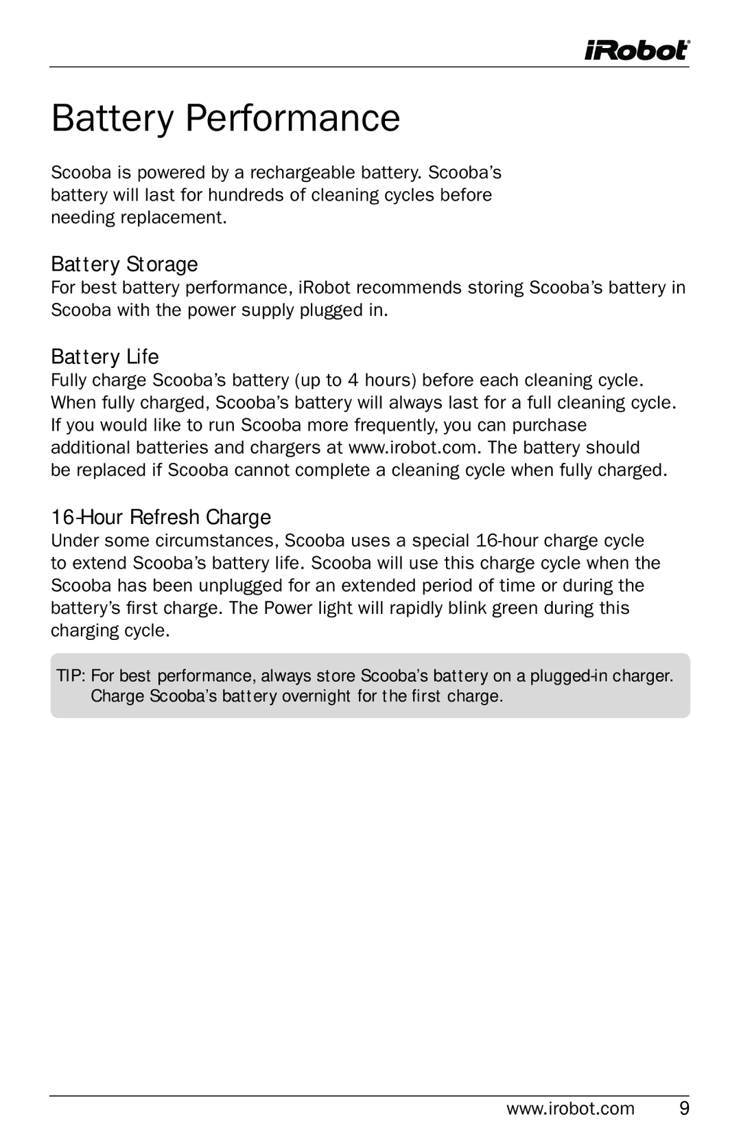 iRobot 5800 owner manual Battery Performance, Battery Storage, Battery Life Hour Refresh Charge 