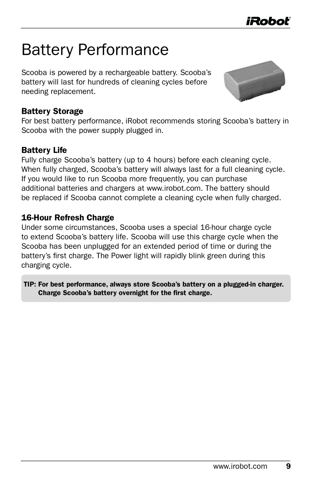 iRobot 5800 owner manual Battery Performance, Battery Storage, Battery Life, HourRefresh Charge 