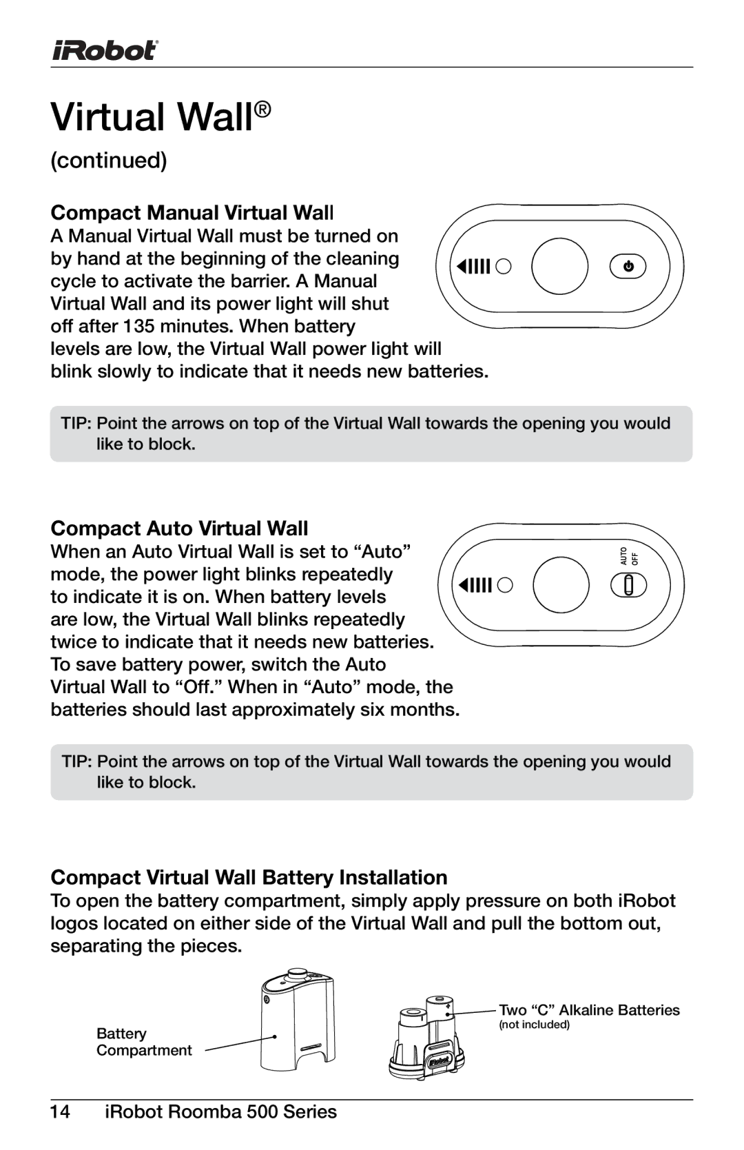 iRobot 531, 611, 571, 560 Compact Manual Virtual Wall, Compact Auto Virtual Wall, Compact Virtual Wall Battery Installation 