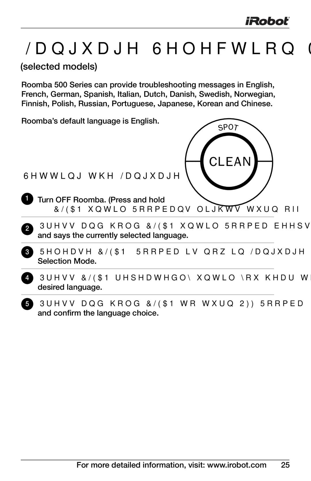 iRobot 563, 611, 571, 560, 540, 565, 536, 530, 580, 510, 511, 570, 533, 600 Series, 531, 535 Language Selection Mode, Selected models 