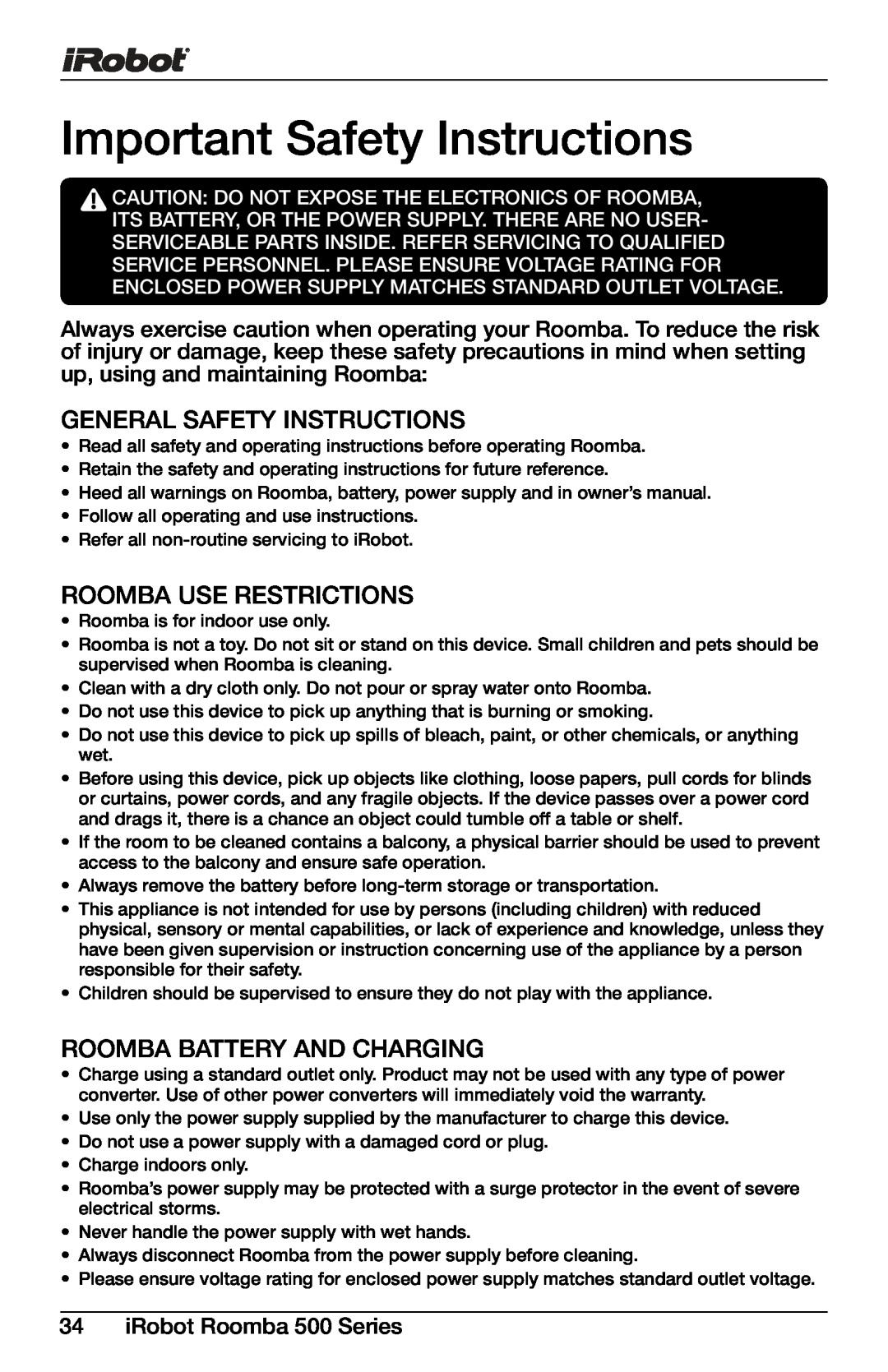 iRobot 600 Series, 611, 571, 560, 540, 563 Important Safety Instructions, General Safety Instructions, Roomba Use Restrictions 
