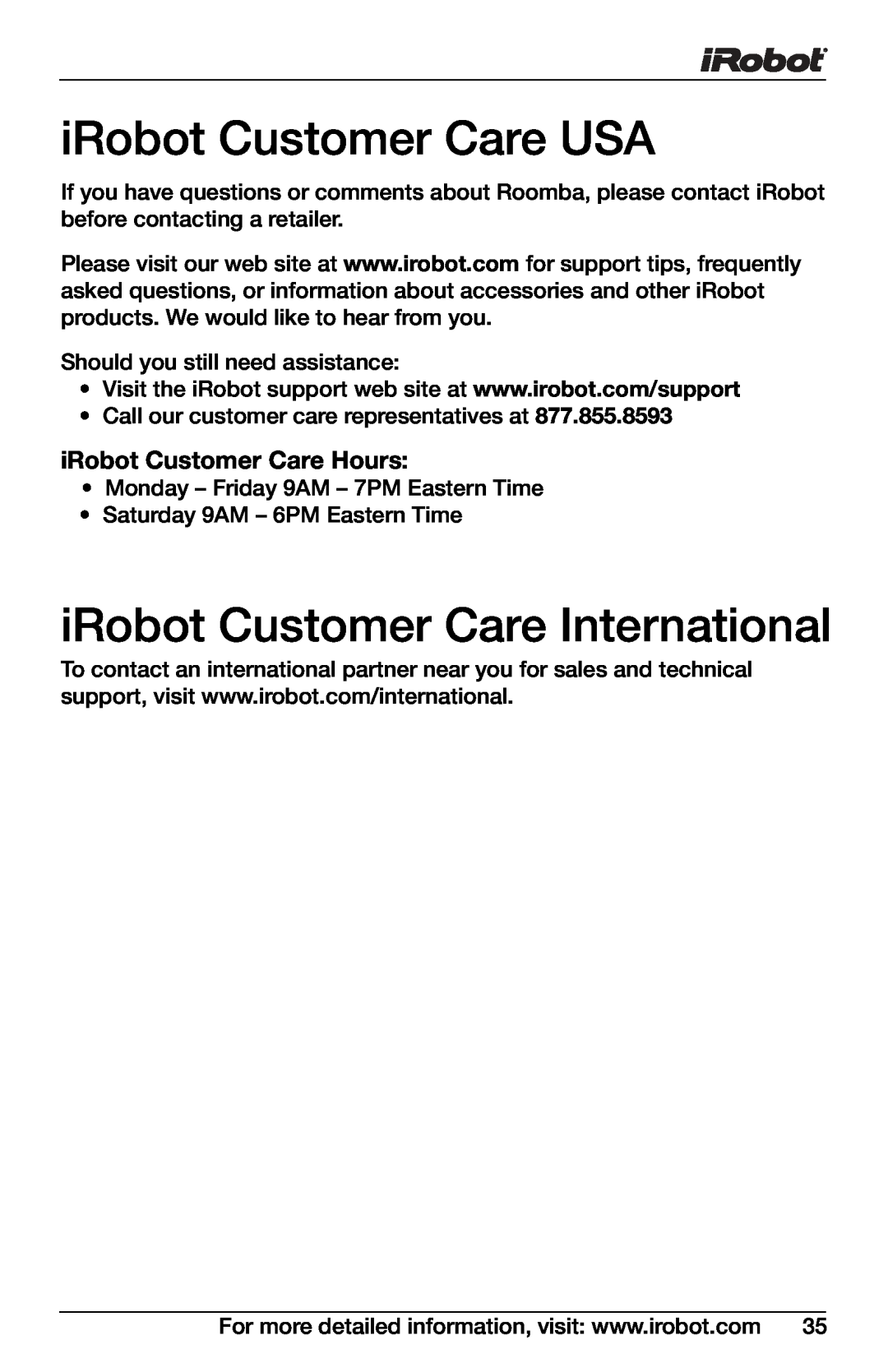 iRobot 531, 611, 571, 560, 540, 563 iRobot Customer Care USA, iRobot Customer Care International, iRobot Customer Care Hours 