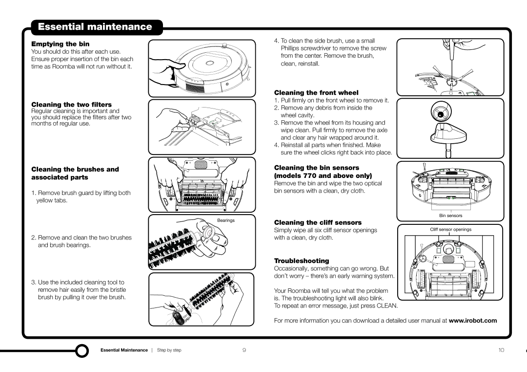 iRobot 74520 owner manual Essential maintenance 