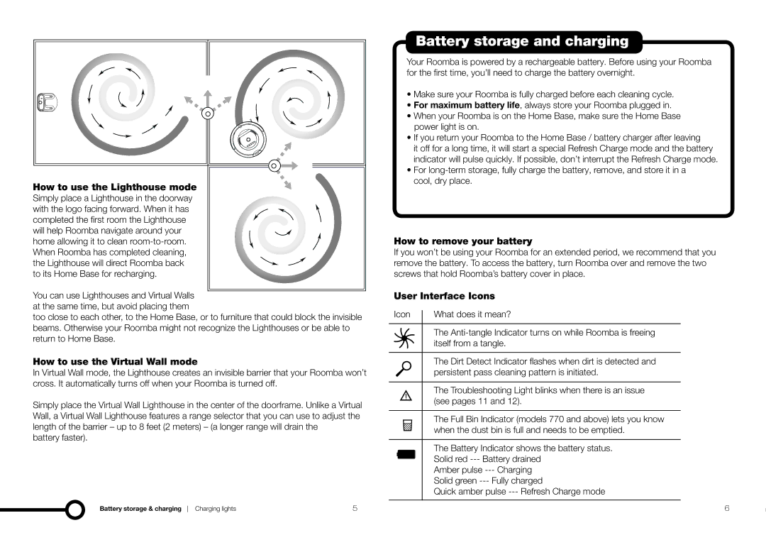 iRobot 770, 78002 Battery storage and charging, How to use the Lighthouse mode, How to use the Virtual Wall mode 