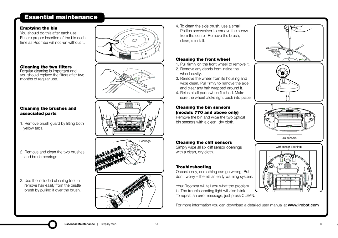 iRobot 770, 78002 owner manual Essential maintenance 