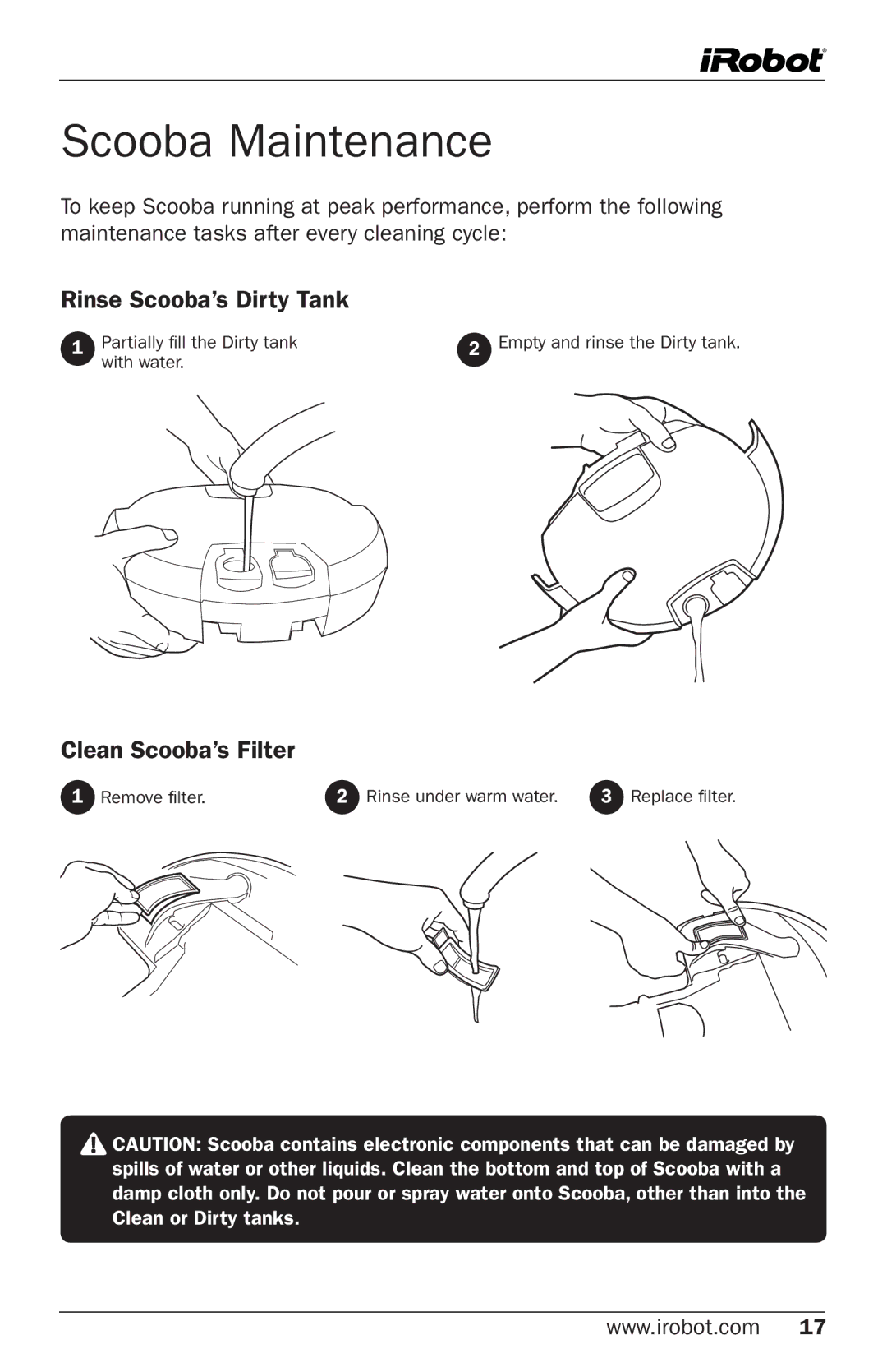 iRobot Cleaning System owner manual Scooba Maintenance, Rinse Scooba’s Dirty Tank, Clean Scooba’s Filter 