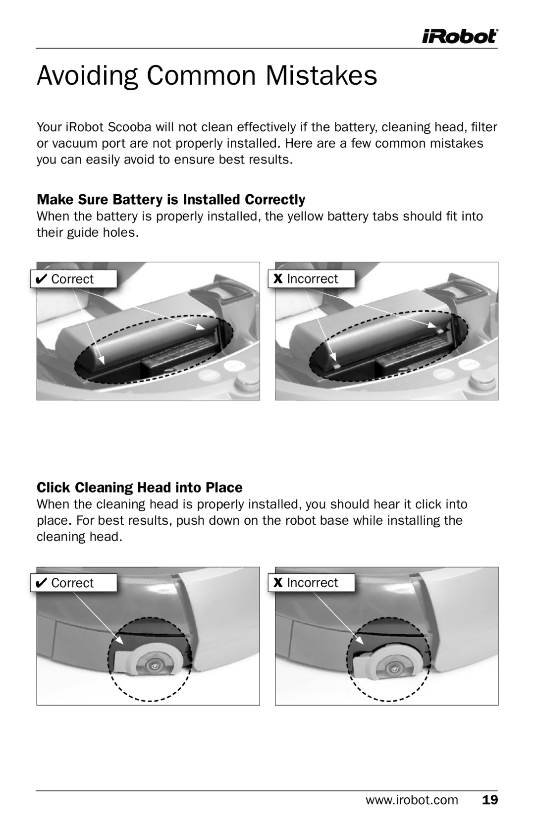 iRobot Cleaning System Avoiding Common Mistakes, Make Sure Battery is Installed Correctly, Click Cleaning Head into Place 