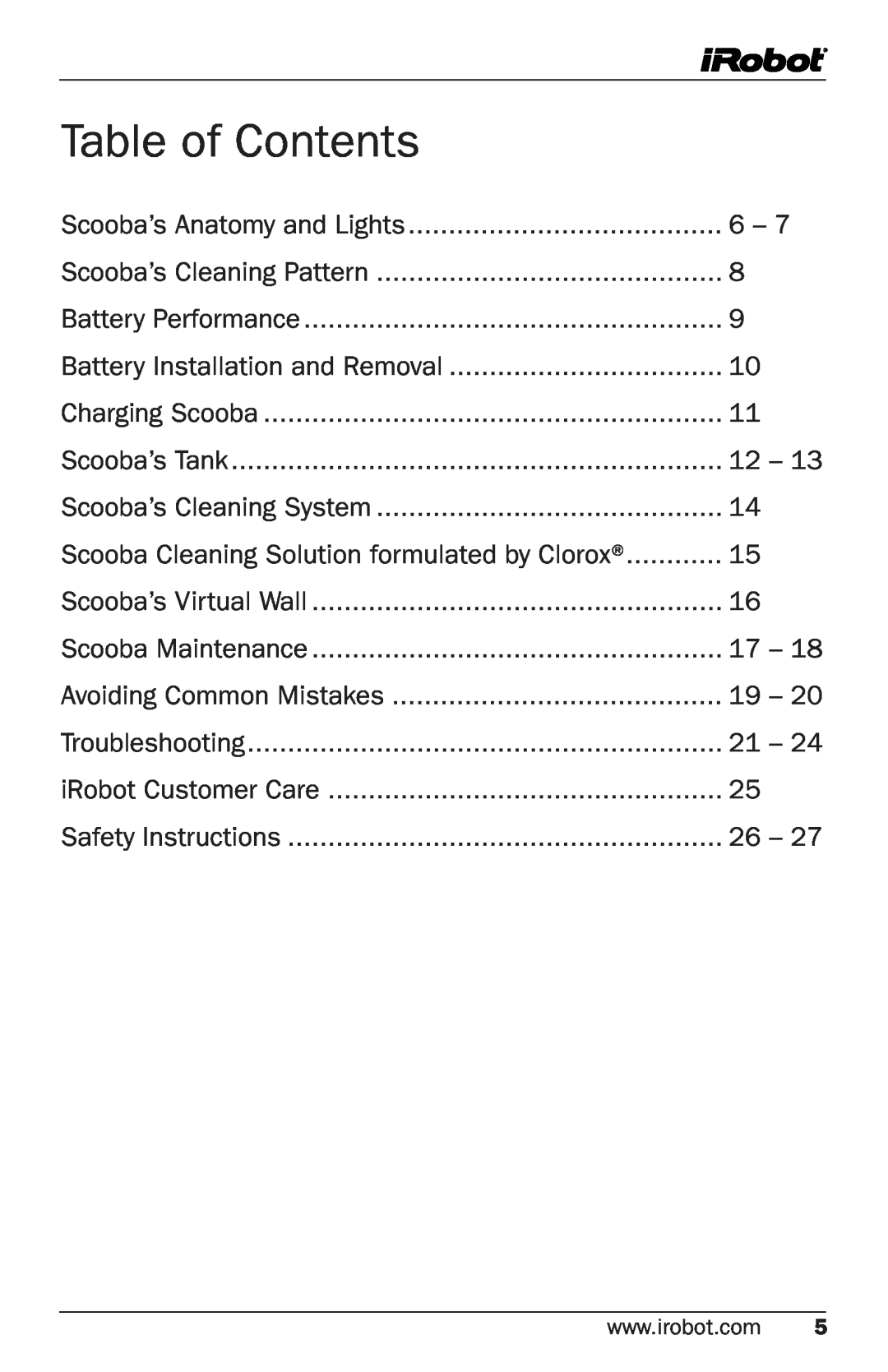 iRobot Cleaning System owner manual Table of Contents 