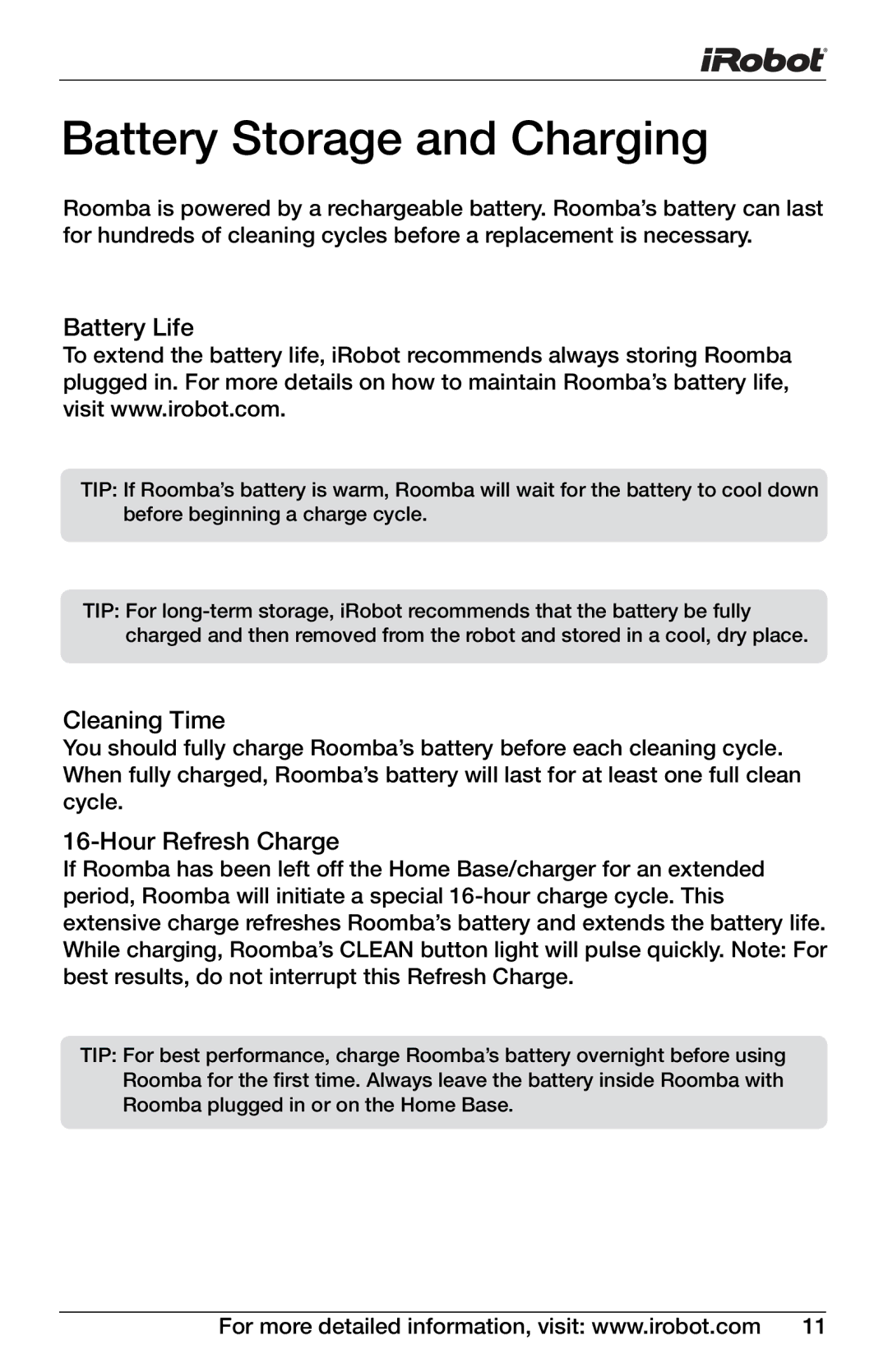 iRobot Professional Series manual Battery Storage and Charging, Cleaning Time, Hour Refresh Charge 