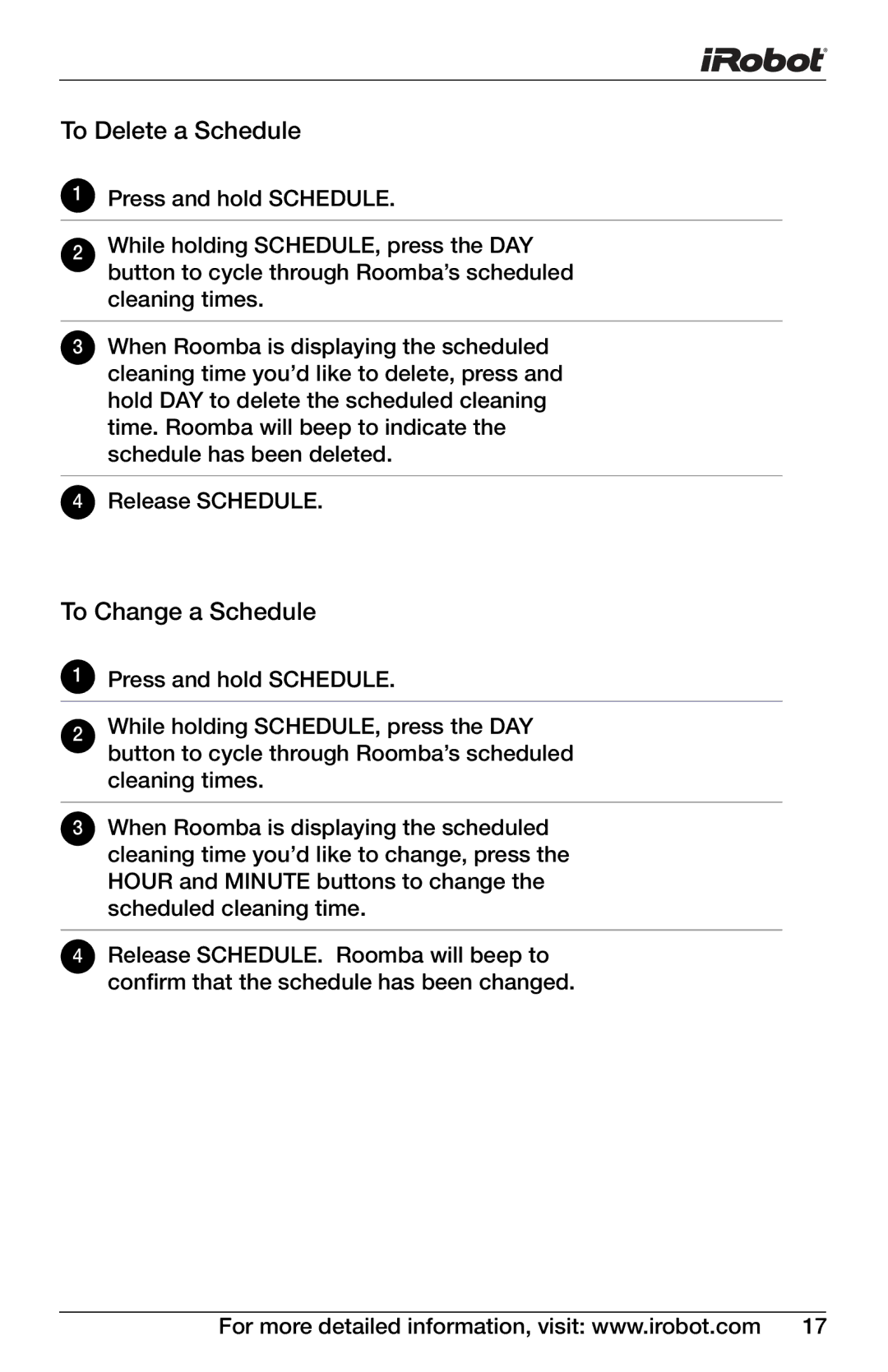 iRobot Professional Series manual To Delete a Schedule, To Change a Schedule 