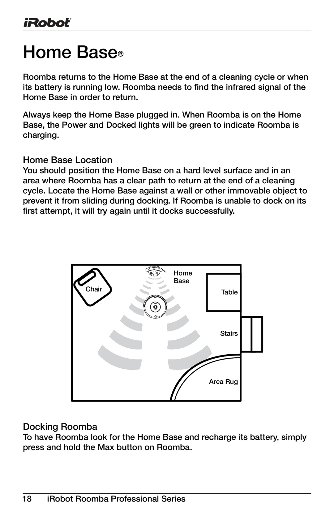 iRobot Professional Series manual Home Base Location, Docking Roomba 