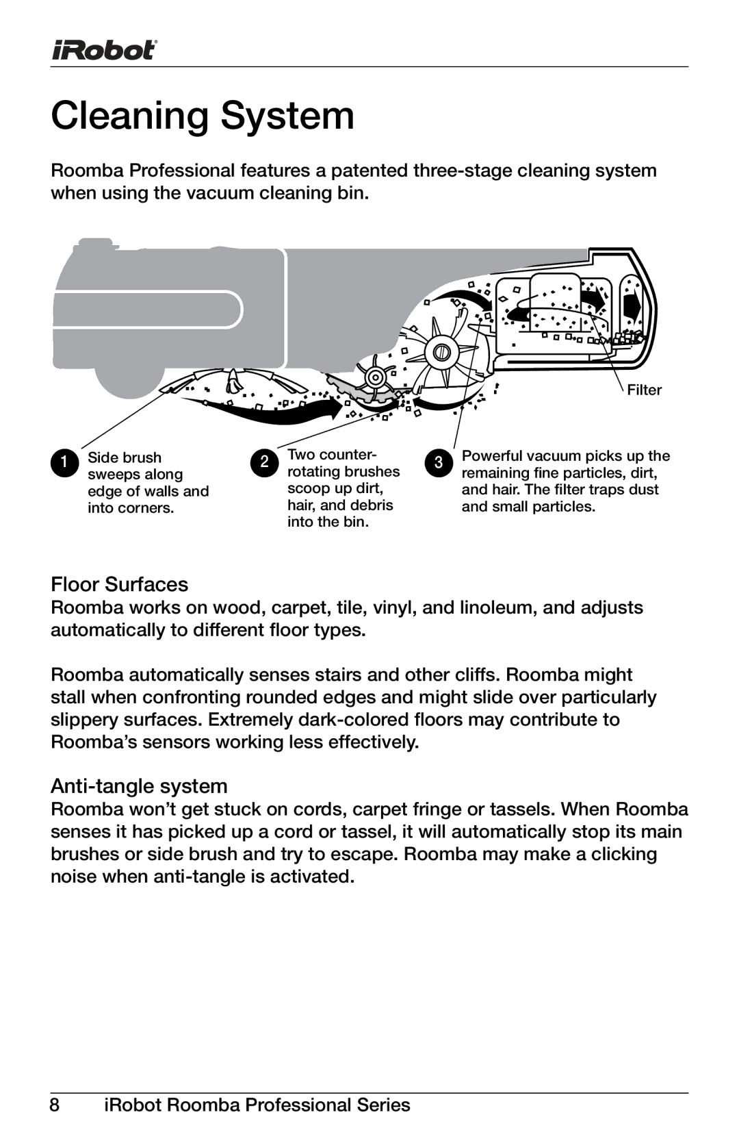 iRobot Professional Series manual Cleaning System, Floor Surfaces, Anti-tangle system 