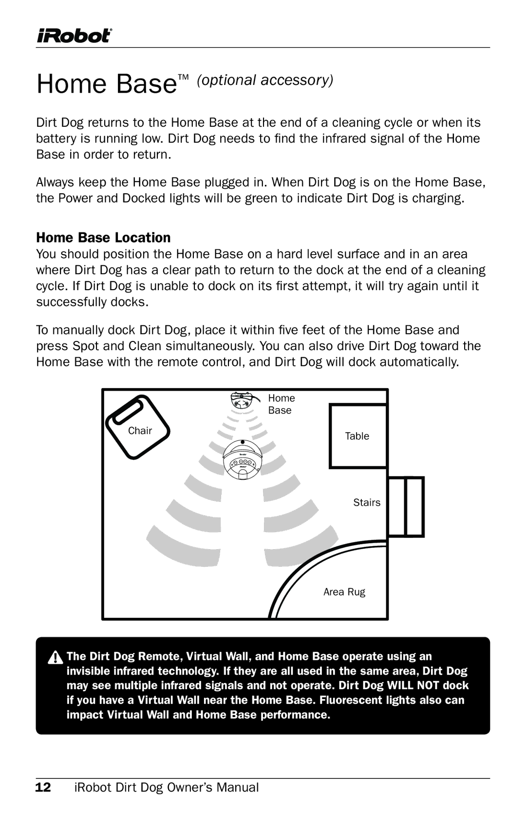 iRobot Robot owner manual Home Base optional accessory, Home Base Location 