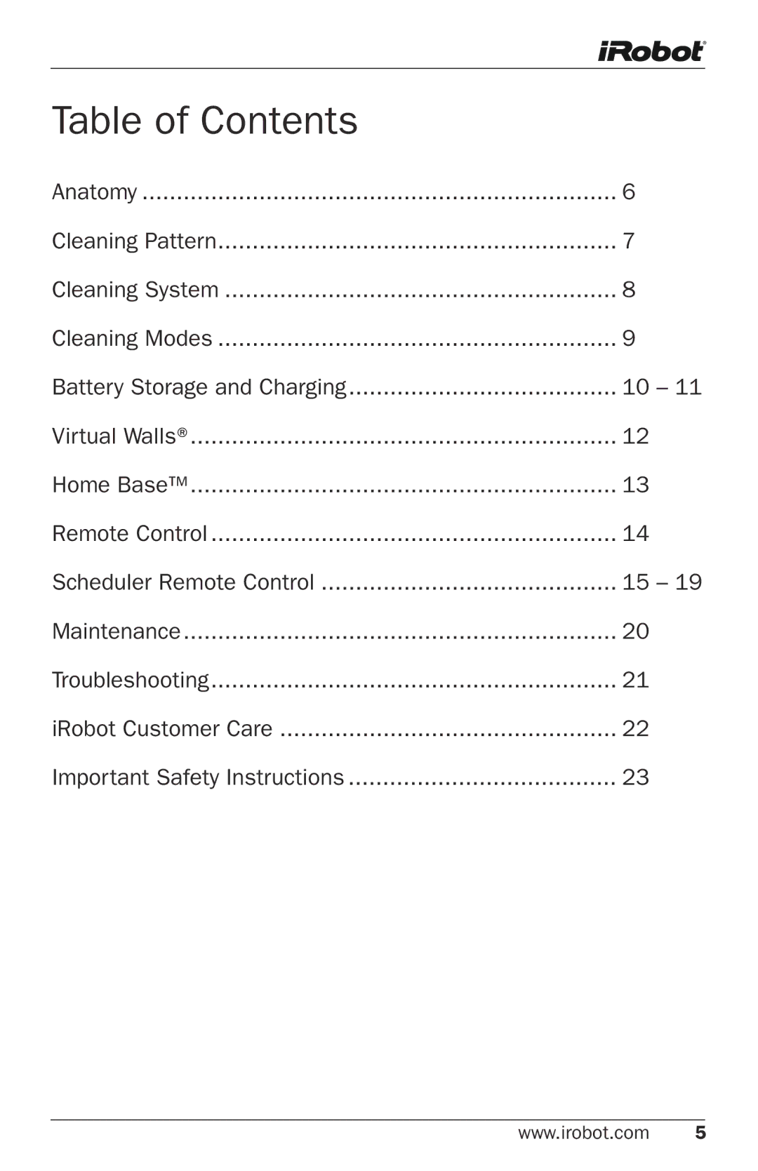 iRobot Robot owner manual Table of Contents 