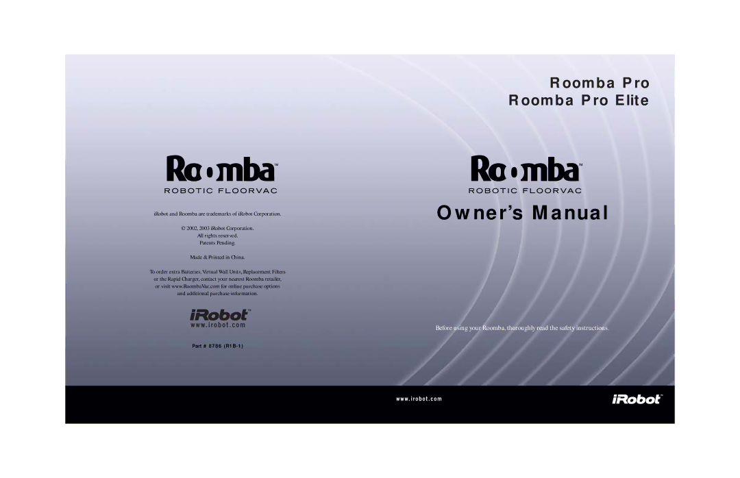 iRobot Robotic FloorVac owner manual Roomba Pro Roomba Pro Elite 