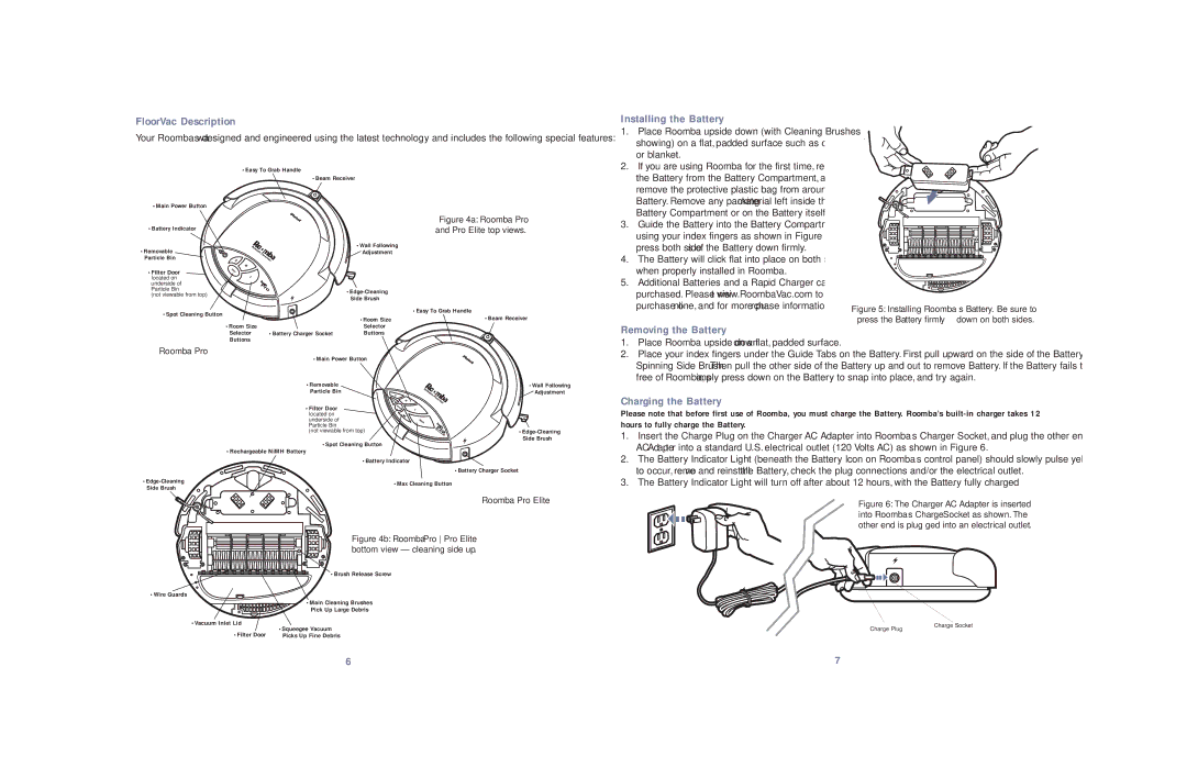 iRobot Robotic FloorVac FloorVac Description, Installing the Battery, Removing the Battery, Charging the Battery 