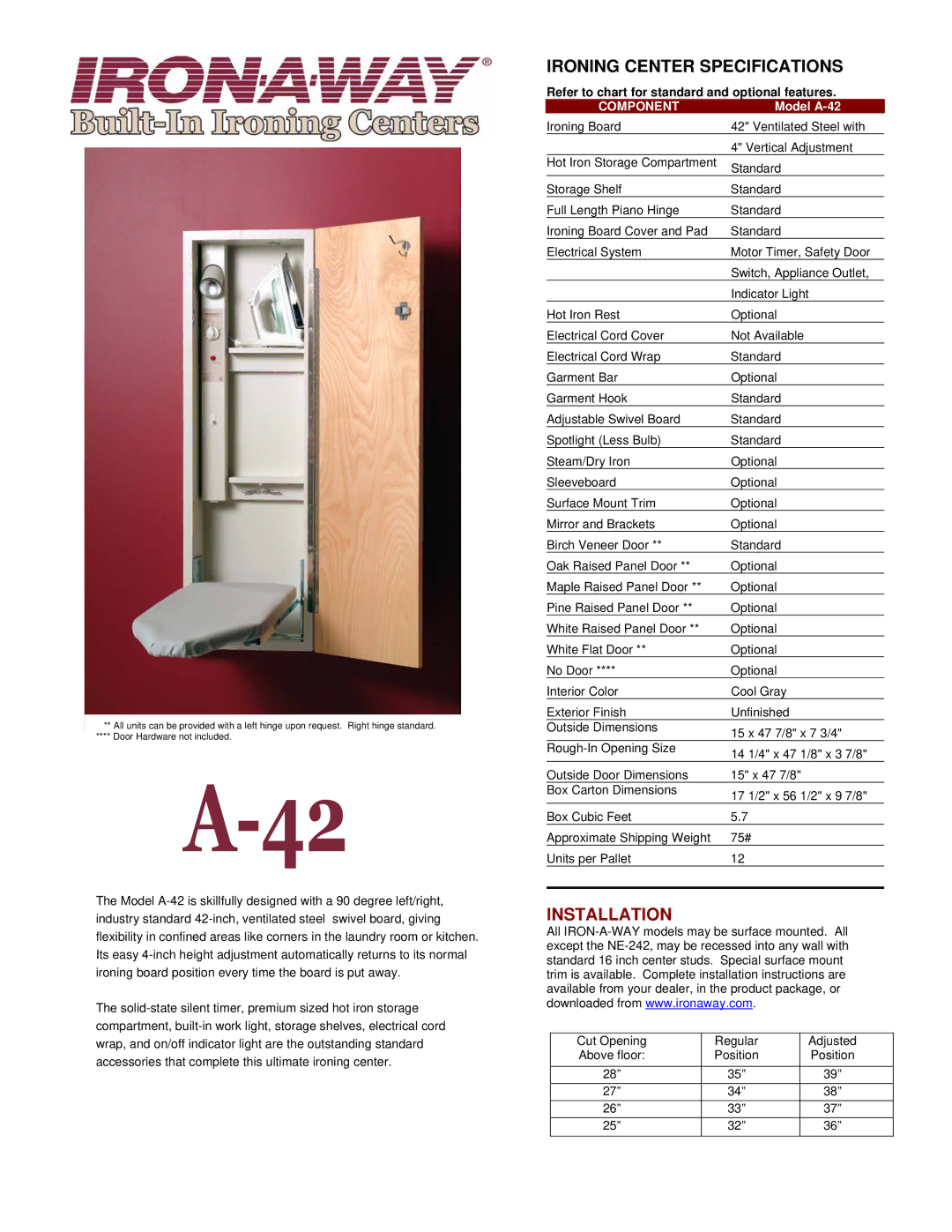 Iron-A-Way manual Ironing Center Specifications, Component, Model A-42 