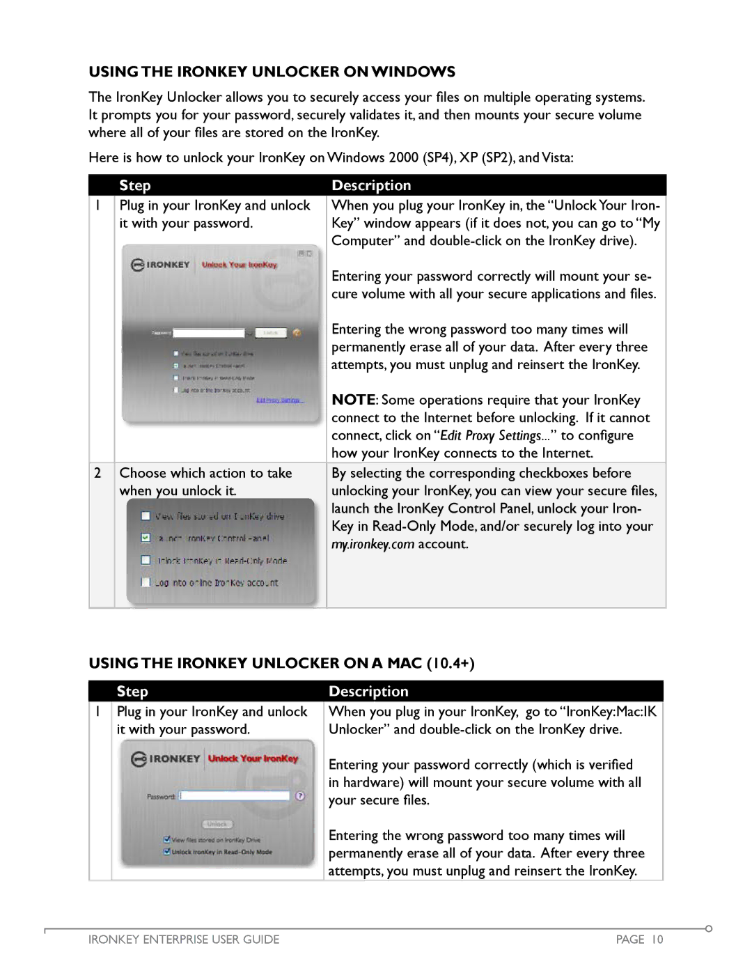 IronKey Enterprise manual Using the IronKey Unlocker on Windows, Using the IronKey Unlocker on a Mac 10.4+ 