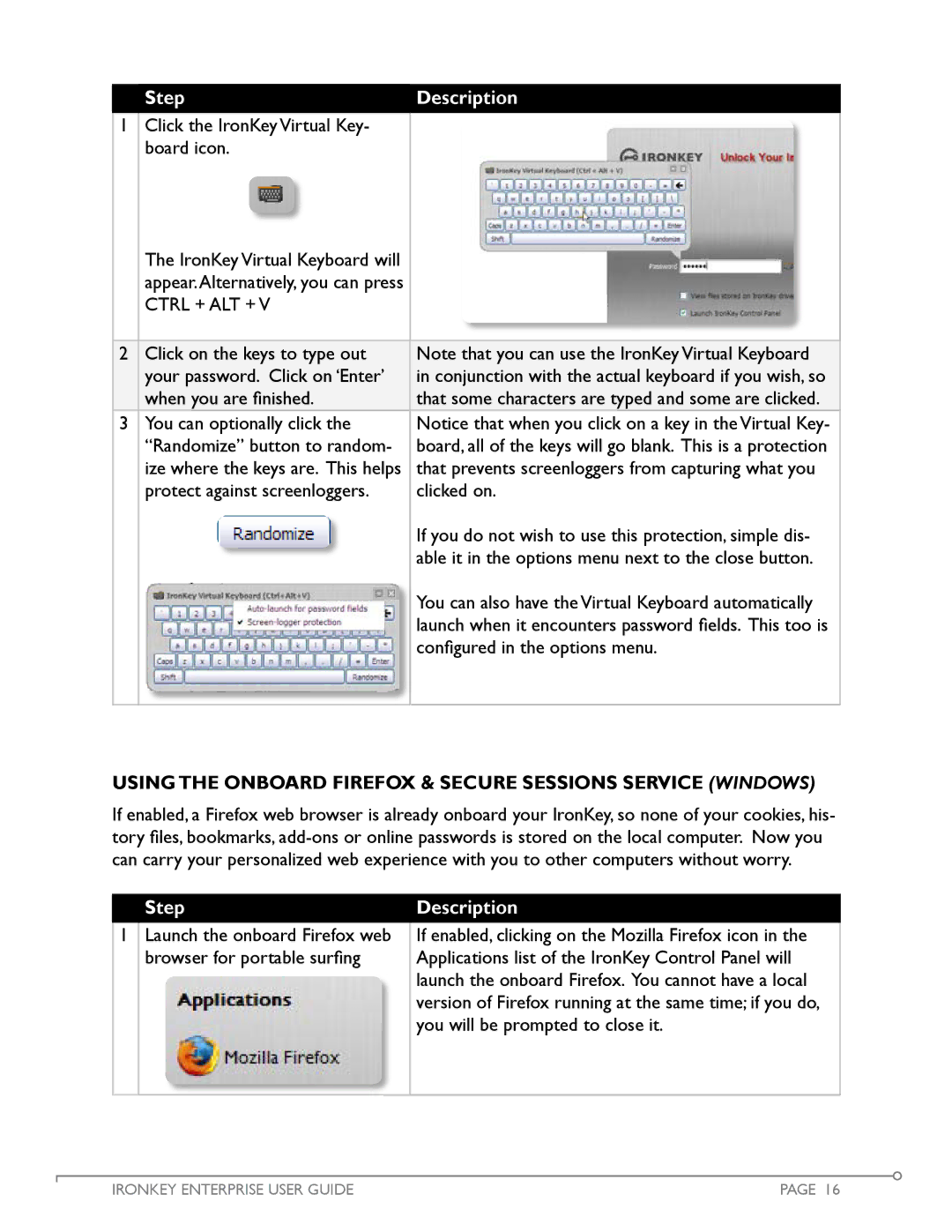 IronKey Enterprise manual Ctrl + ALT +, Using The Onboard Firefox & Secure Sessions Service windows 