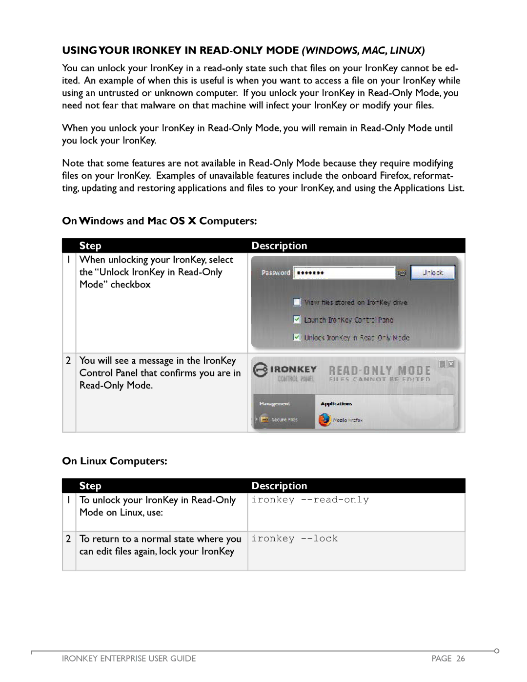 IronKey Enterprise manual Usingyour IronKey in Read-Only Mode Windows, Mac, Linux, On Windows and Mac OS X Computers 