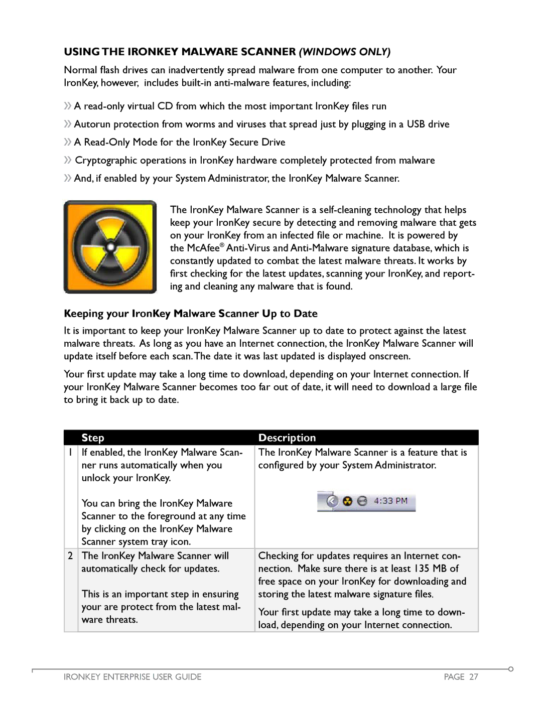 IronKey Enterprise manual Using the IronKey Malware Scanner Windows Only, Keeping your IronKey Malware Scanner Up to Date 