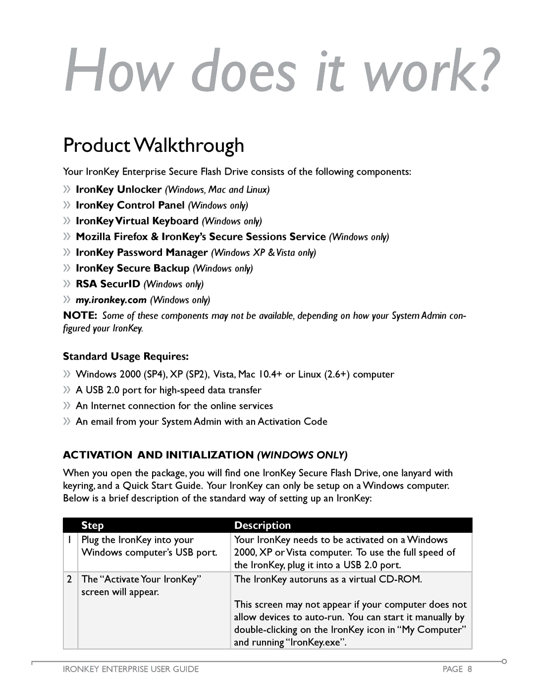 IronKey Enterprise manual Product Walkthrough, Standard Usage Requires, Activation and Initialization Windows only 