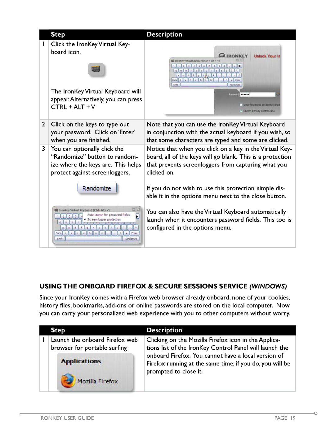 IronKey Personal manual Ctrl + ALT +, Using The Onboard Firefox & Secure Sessions Service Windows 