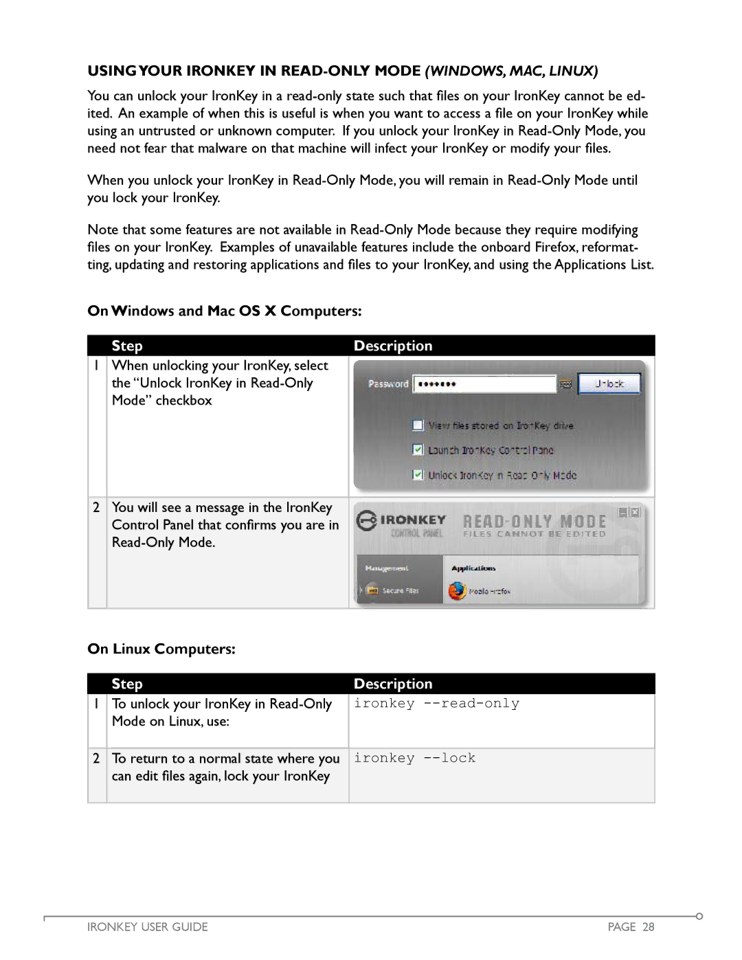IronKey Personal manual Usingyour IronKey in Read-Only Mode Windows, Mac, Linux, On Windows and Mac OS X Computers 