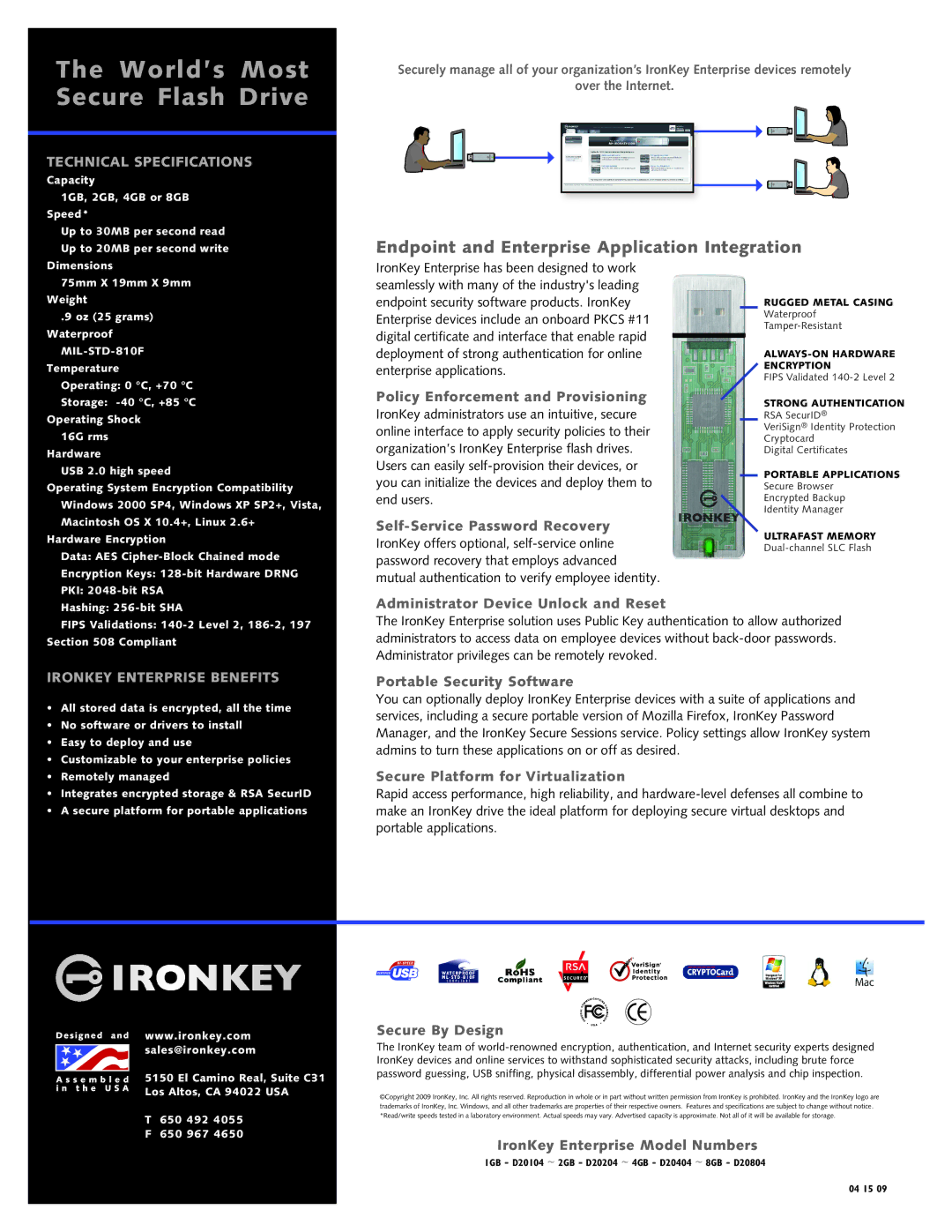 IronKey USB Flash Drives manual Technical Specifications, Ironkey Enterprise Benefits 