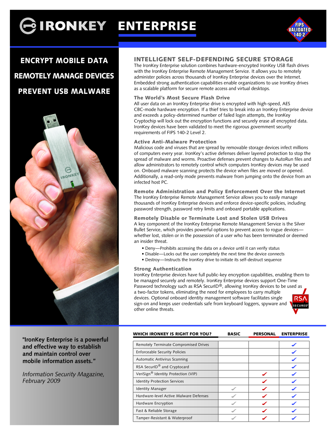 IronKey USB Flash Drives manual Intelligent Self-Defending Secure Storage, The World’s Most Secure Flash Drive, Enterprise 