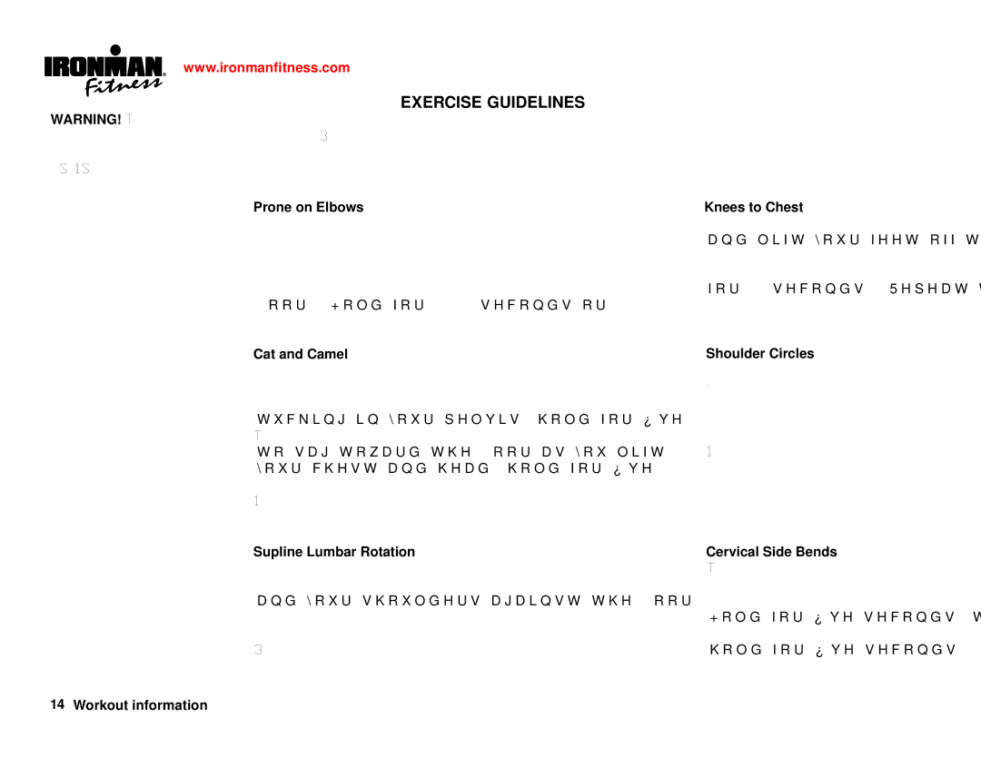 Ironman Fitness 100125 Prone on Elbows, Cat and Camel, Knees to Chest, Shoulder Circles, Supline Lumbar Rotation 