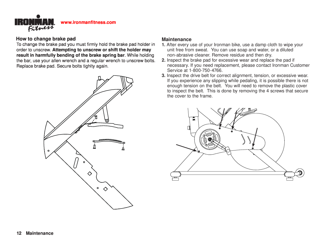 Ironman Fitness 100125 owner manual How to change brake pad, ImportantMaintenanceInformation 