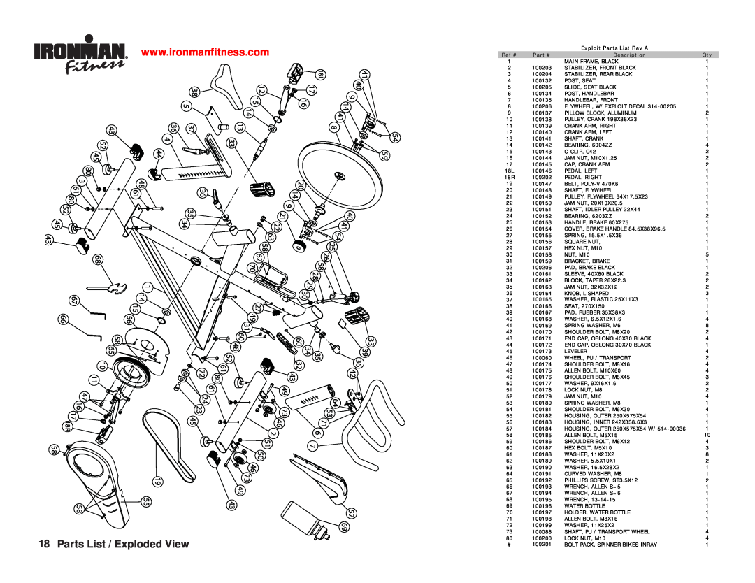 Ironman Fitness 100125 Parts List / Exploded View, 14 15, 35 34, Exploit Parts List Rev A, Ref #, Description, 100165 