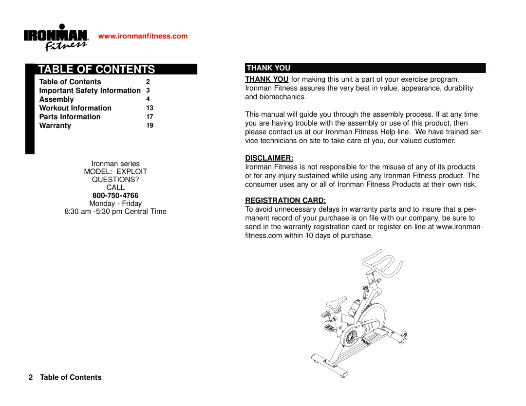 Ironman Fitness 100125 Table of Contents, Important Safety Information, Assembly, Workout Information, Parts Information 
