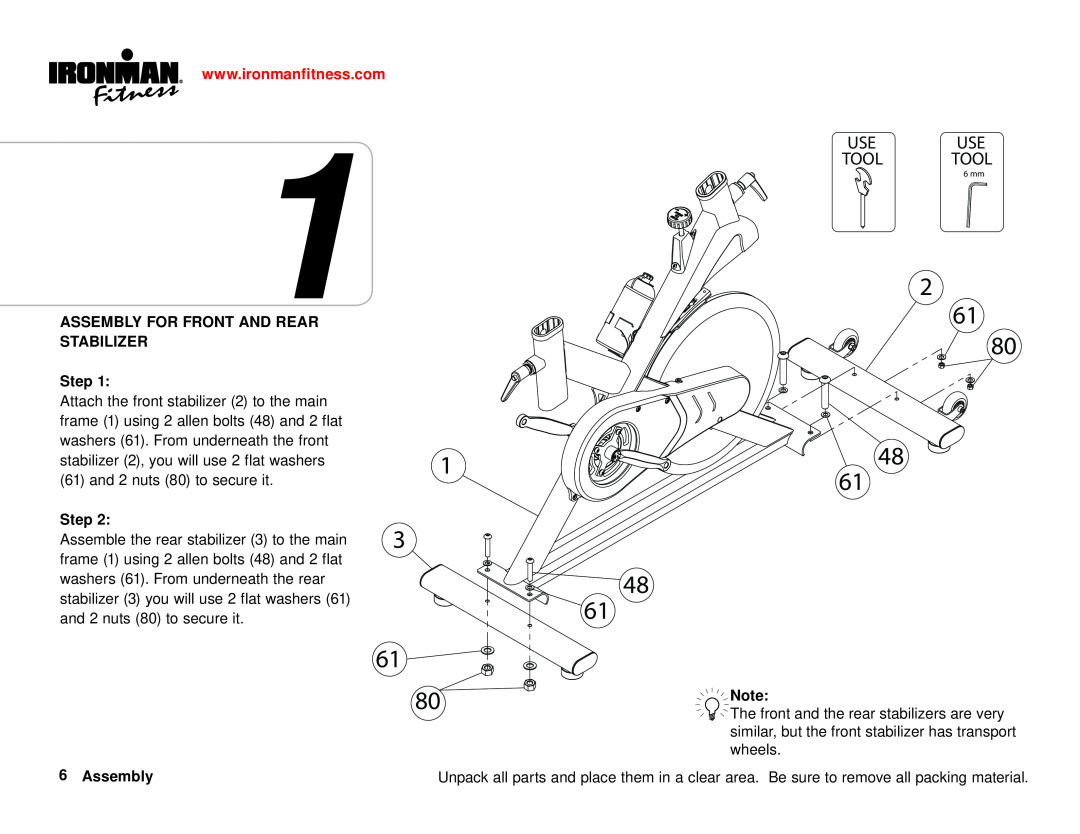 Ironman Fitness 100125 owner manual ASSEMBLY FOR FRONT AND REAR STABILIZER Step, Important Information, Assembly 