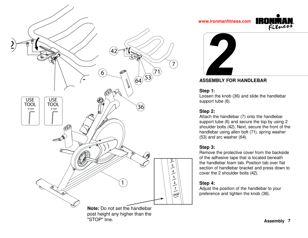 Ironman Fitness 100125 owner manual ASSEMBLY FOR HANDLEBAR Step, Important InformationAssembly 
