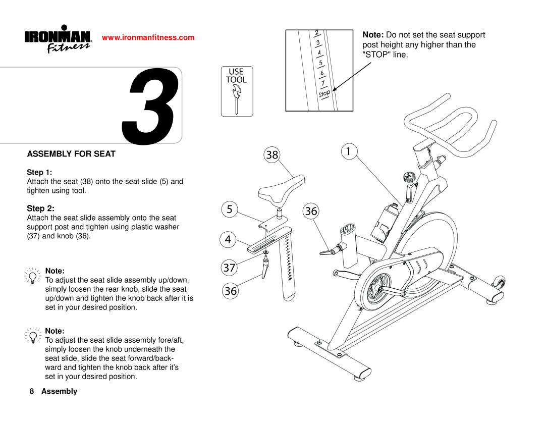 Ironman Fitness 100125 owner manual Use Tool, Assembly For Seat, AssemblyImportant Information, Step 