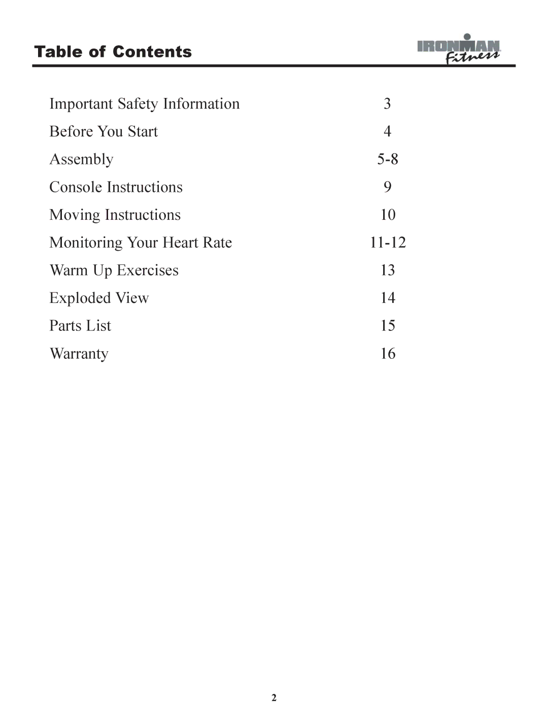 Ironman Fitness 120r owner manual Table of Contents 