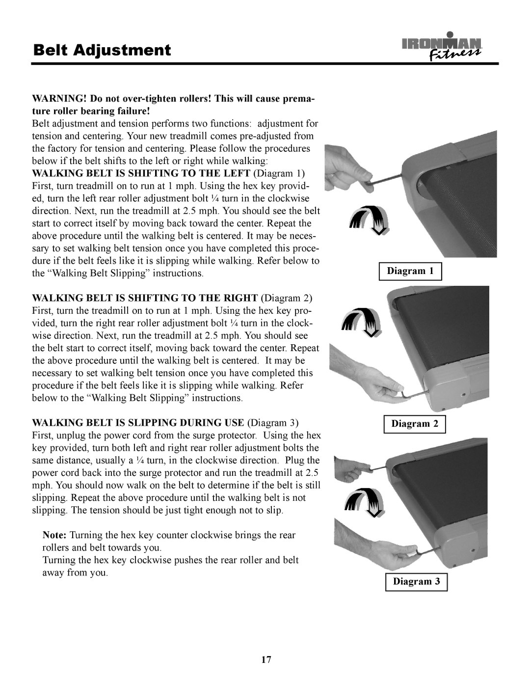 Ironman Fitness 220t owner manual Belt Adjustment 