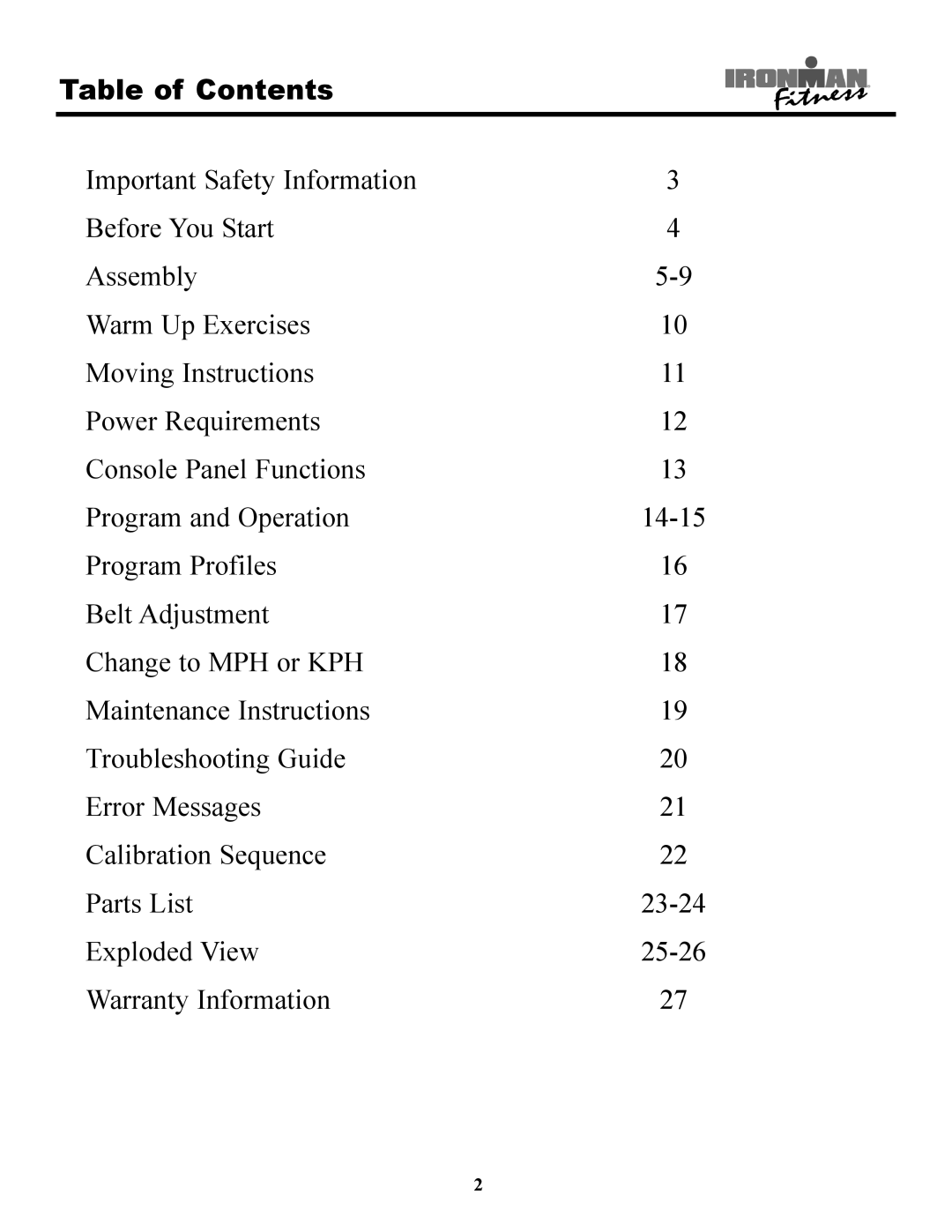 Ironman Fitness 220t owner manual Table of Contents 