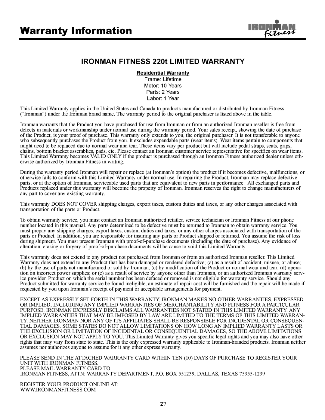 Ironman Fitness owner manual Warranty Information, Ironman Fitness 220t Limited Warranty 