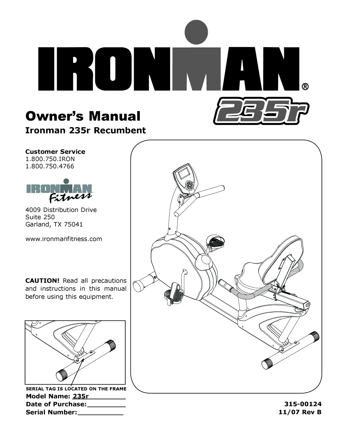 Ironman Fitness owner manual Ironman 235r Recumbent 