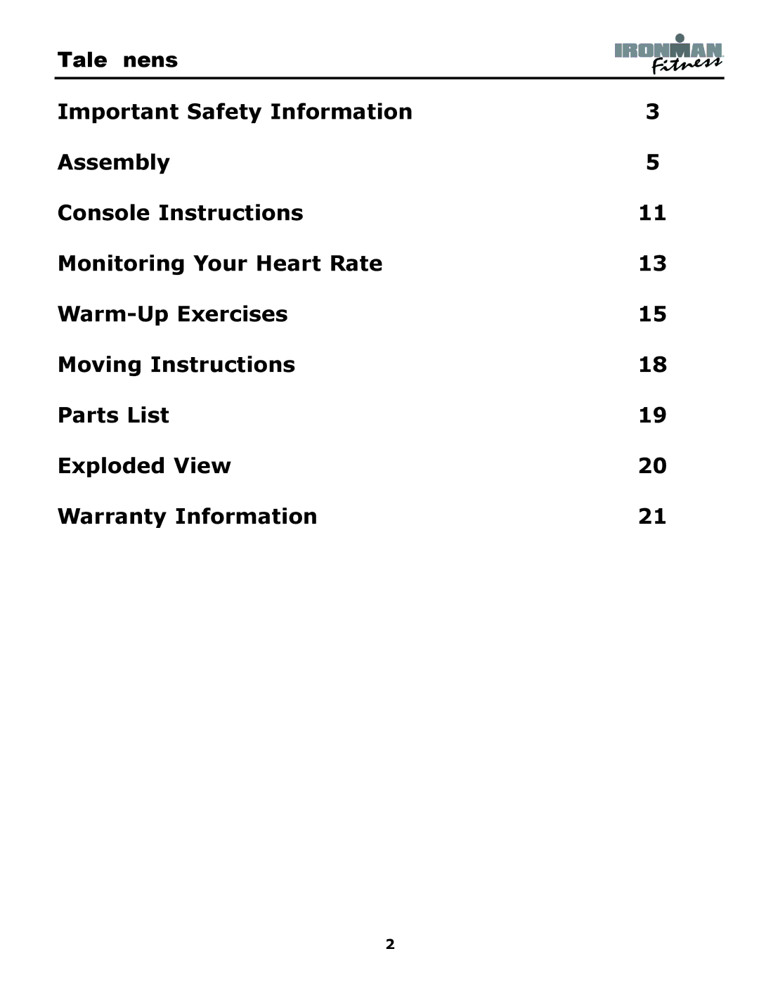 Ironman Fitness 235r owner manual Table of Contents 