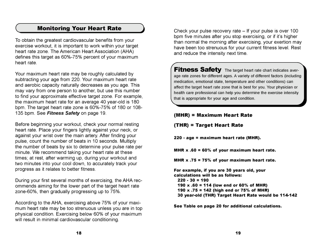 Ironman Fitness 315-00036 owner manual Monitoring Your Heart Rate, MHR = Maximum Heart Rate THR = Target Heart Rate 