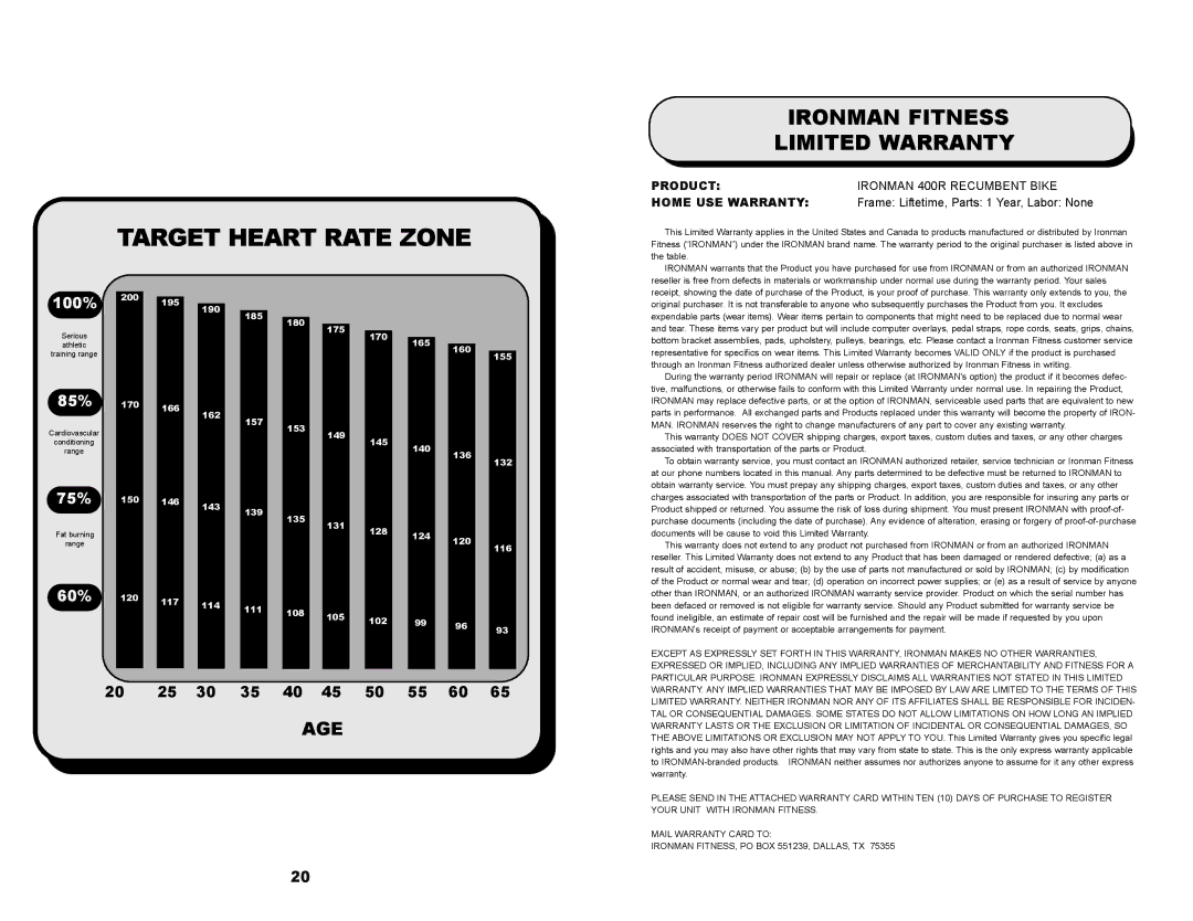 Ironman Fitness 315-00036 owner manual Target Heart Rate Zone, Ironman Fitness Limited Warranty 