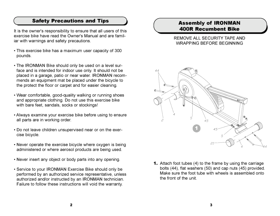 Ironman Fitness 315-00036 owner manual Safety Precautions and Tips, Assembly of Ironman 400R Recumbent Bike 