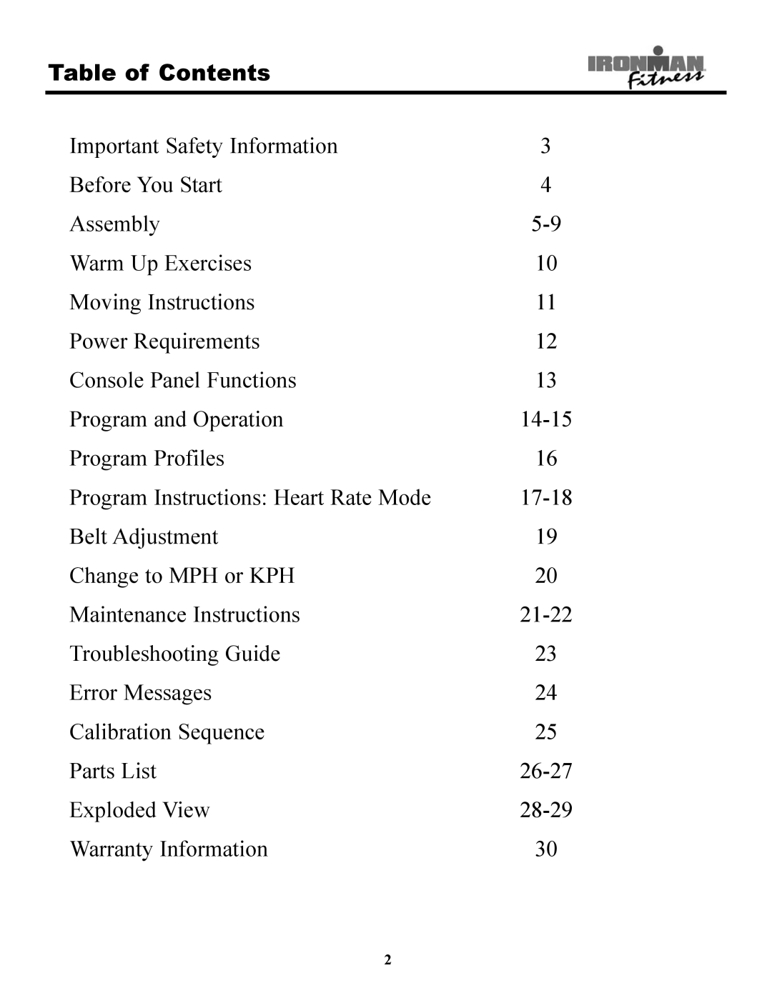 Ironman Fitness 320t owner manual Table of Contents 