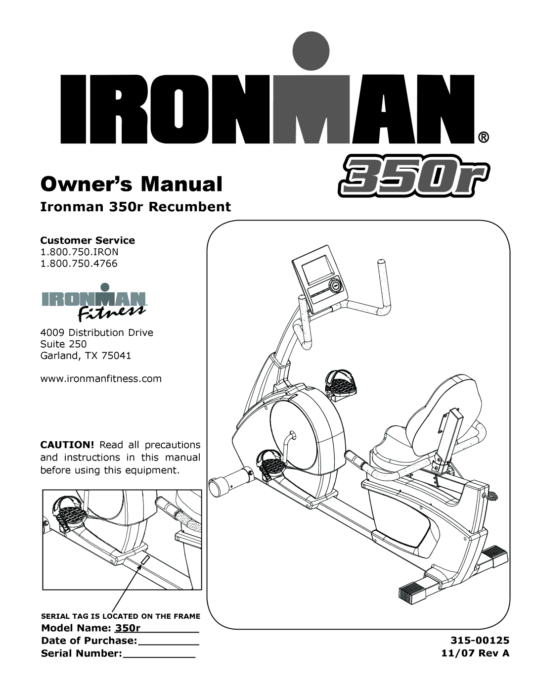 Ironman Fitness owner manual Ironman 350r Recumbent 