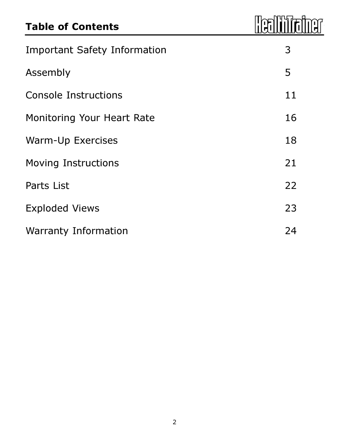 Ironman Fitness 350r owner manual Table of Contents 